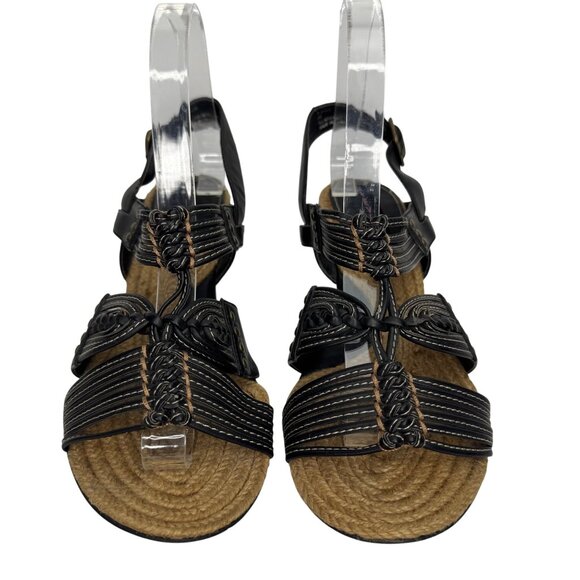 VTG Steven Steve Madden Black Faux Leather Strappy Wedge Sandal Braid Detail Sz8 - Picture 5 of 10